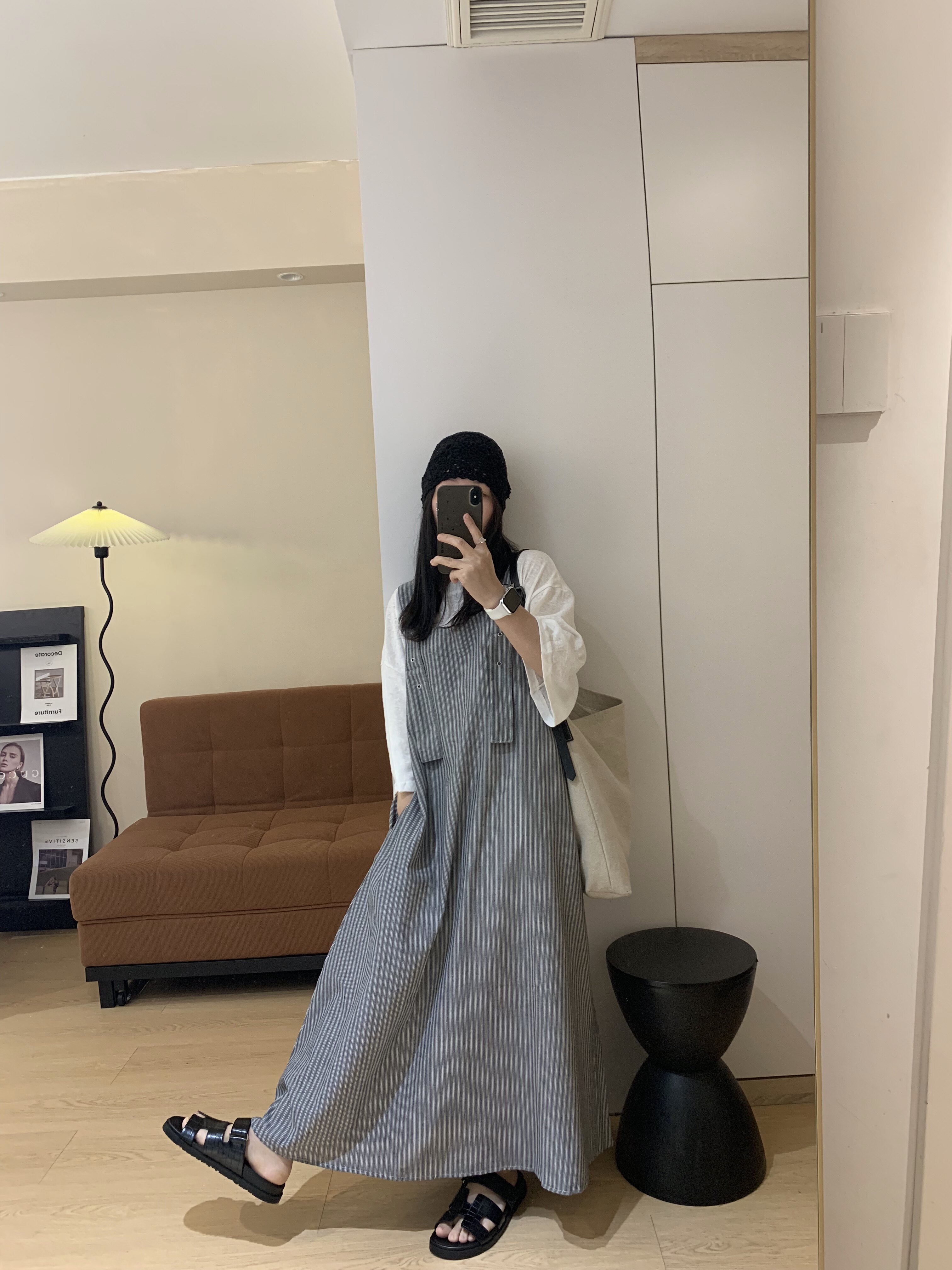 日系复古文艺宽松大码显瘦条纹背带连衣裙女夏季裙子可调节长度