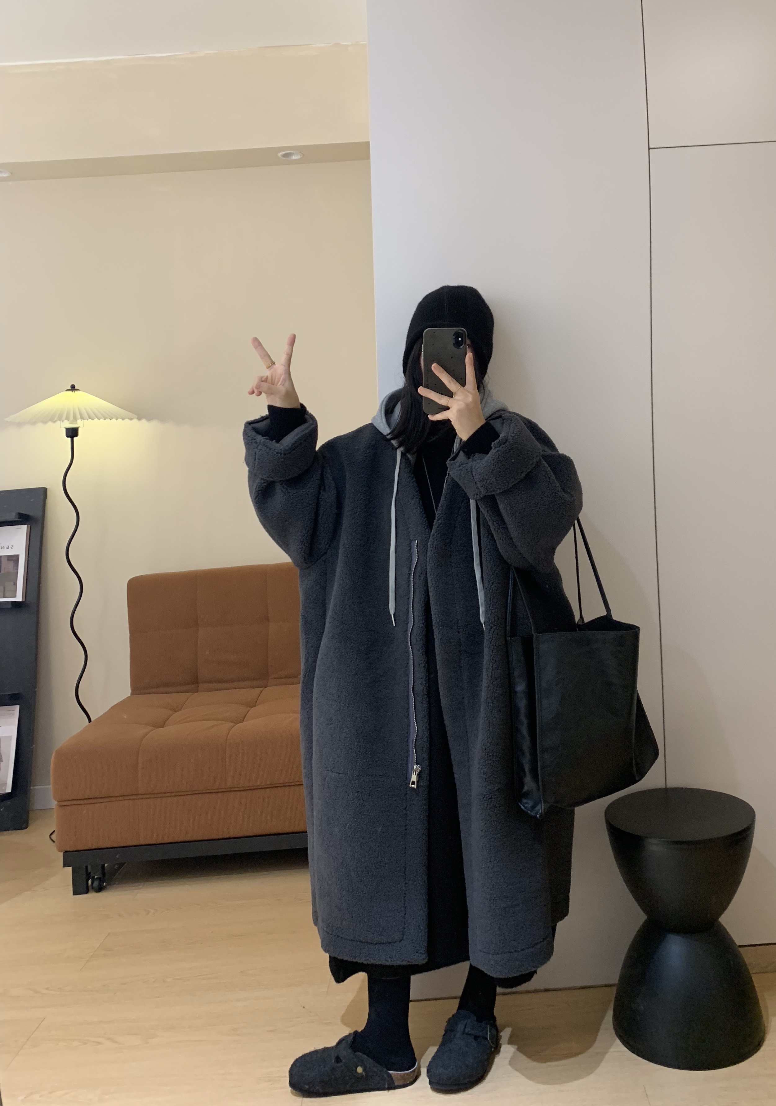 重工仿羊羔绒皮毛一体连帽假两件大衣加厚外套秋冬女宽松中长款