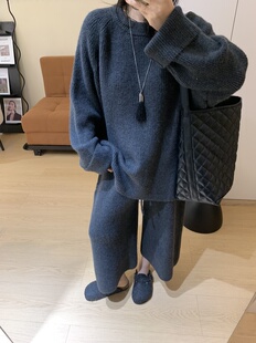 复古加厚加密圆领套头毛衣针织衫七分裤上衣秋冬新品女两件套装