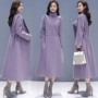 Hepburn gió dài đầu gối áo len nữ mùa thu và mùa đông dày Pháp retro áo len thắt lưng Anh - Áo khoác ngắn áo bomber nữ