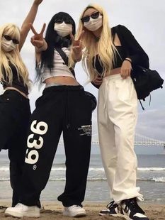 美式复古939运动裤女秋冬高街束脚卫裤hiphop爵士舞跳舞黑色裤子
