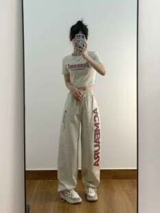 美式街头爵士舞运动裤女春秋新款字母印花宽松直筒hiphop嘻哈卫裤