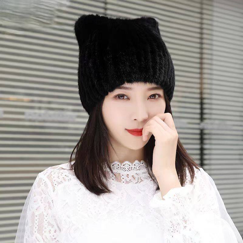甜美可爱猫耳女冬季保暖黑色水貂毛帽百搭时尚韩版潮