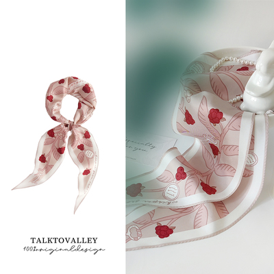 淡粉色红色莓法式twill绑包发带双面真丝菱形三角高级送礼小丝巾