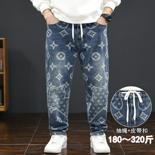 潮牌印花牛仔裤胖子男生小脚裤