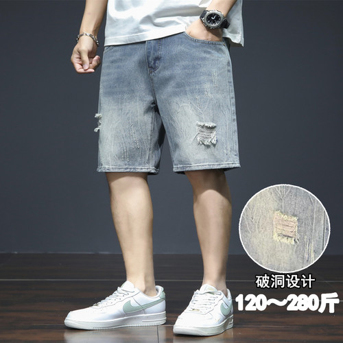 复古破洞牛仔短裤男胖子宽松