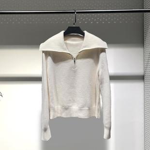 米白色翻领针织衫女2024冬季新款时尚休闲内搭外穿半拉链羊毛毛衣