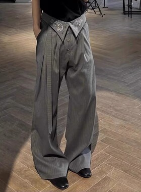 韩国 禅宗打褶刺绣直筒微喇高腰条纹西裤剑道飘带垂坠感休闲长裤