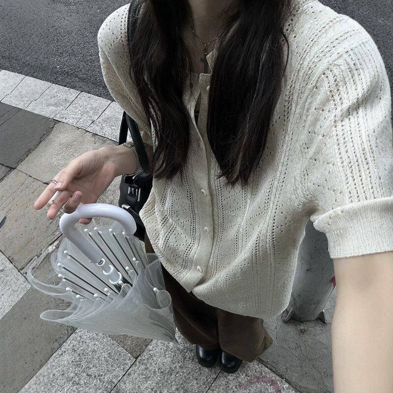 韩国cleanfit新贵老钱亚麻混纺双色立领镂空轻薄针织短袖休闲衬衫