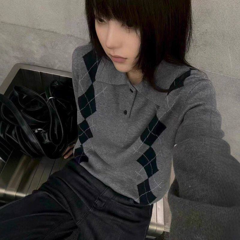 韩国 老钱风羊毛静奢风菱格针织polo 阿尔盖提花针织衫miu系长袖