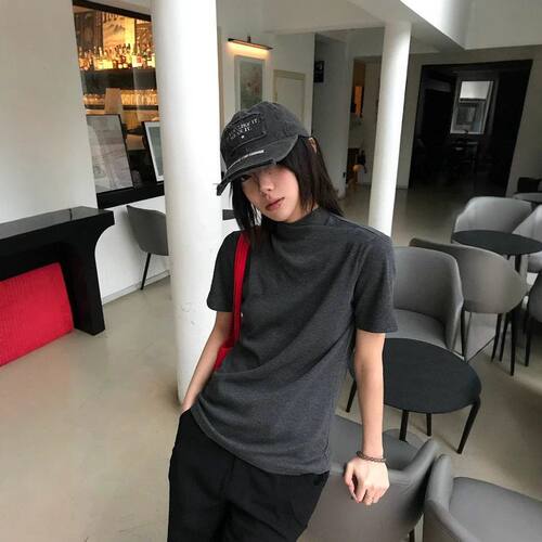 韩国 天丝混纺交叉连身领正肩和弦针织修身打底肌理感男女短袖t恤