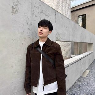 韩国 巴恩深咖进口仿牛反绒复古翻领鹿皮感正肩版型夹克外套
