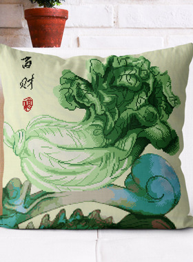 正品精准印花十字绣抱枕三面开口枕套新款线绣手工自绣白菜百财图