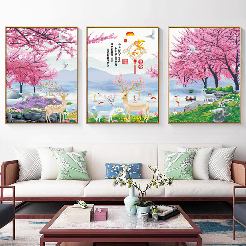 正品精准印花十字绣新款线绣客厅刺绣富贵麋鹿三联画手工自绣简单