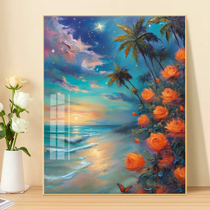 新款十字绣大海景椰树玫瑰花钻石画满钻客厅装饰画手工DIY自己绣