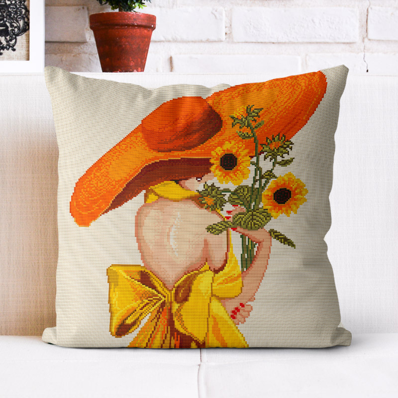 精准印花十字绣抱枕三面开口枕套植物花卉向日葵少女图案手工刺绣