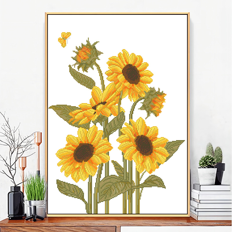 正品精准印花客厅线绣小件满绣玄关向日葵竖版小幅手工刺绣画简单