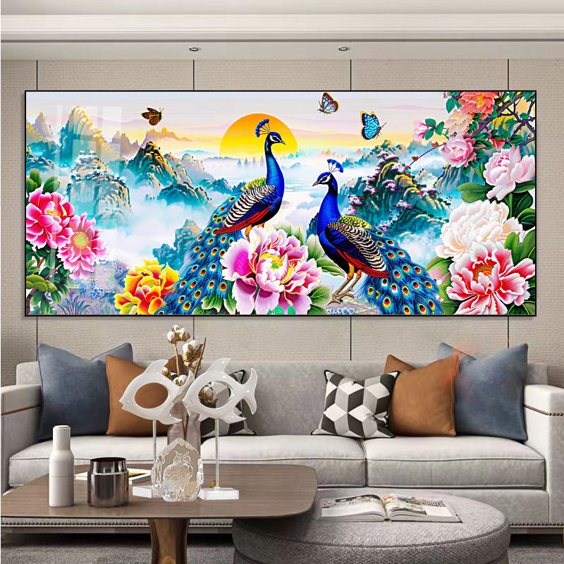正品花开富贵牡丹孔雀十字绣钻石画新款横版大画满绣自己绣非成品