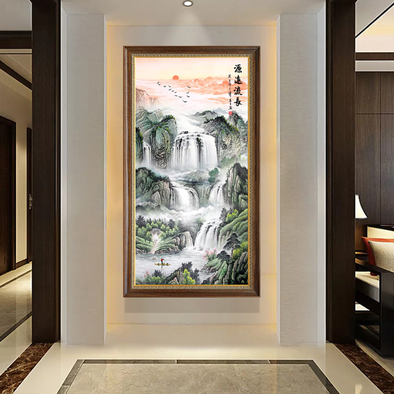 精准印花十字绣钻石画流水生财源远流长玄关竖版手工自绣粘贴画