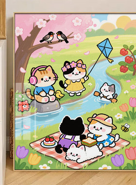 可爱猫咪新款十字绣卡通钻石画手工粘钻装饰画治愈系满绣十字绣