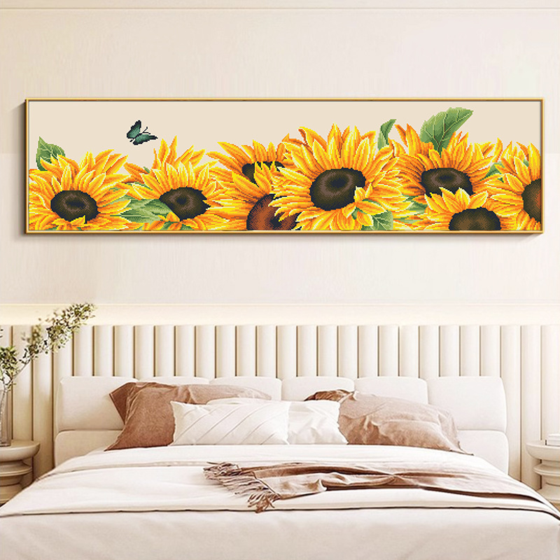 正品精准印花十字绣满绣客厅横幅线绣床头画向日葵花卉手工刺绣画