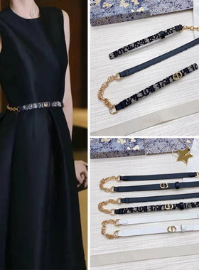 1.5CM时尚真皮纯铜CD扣链条装饰细腰带配连衣裙小牛皮百搭皮带女