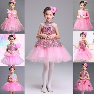 新款 少儿舞蹈服花朵亮片裙儿童粉色公主裙幼儿蓬蓬纱裙女童表演服