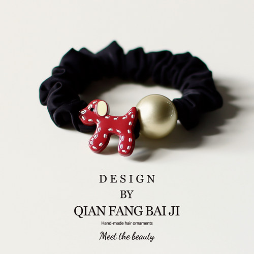 红色小狗珍珠小肠圈黑色发圈高弹力丸子头高马尾扎发皮筋发绳头绳