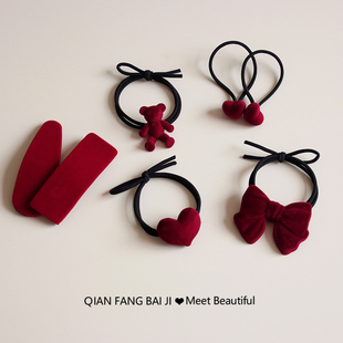 酒红色丝绒发圈蝴蝶结发夹发卡发箍发绳扎头发皮筋头绳女头饰发饰