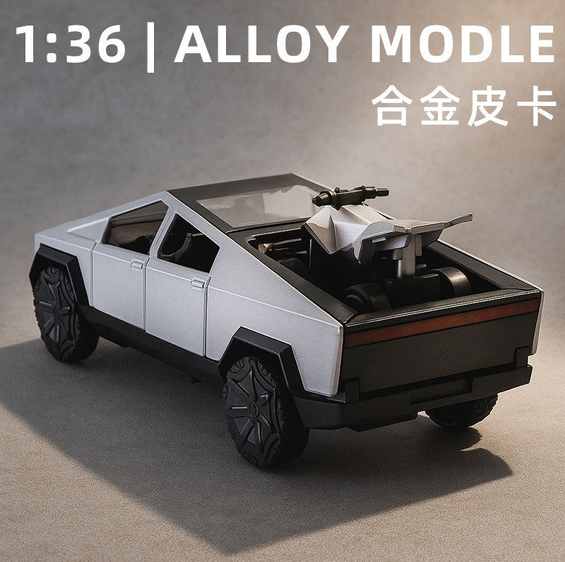 1:36特斯拉合金皮卡模型无声光可回力行驶儿童玩具小汽车带小摩托