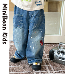 小豆仔男童春款日系泼墨牛仔裤儿童洋气百搭休闲裤宝宝直筒长裤潮