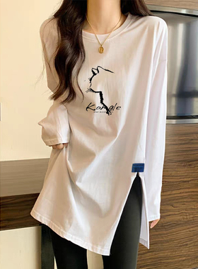 秋冬新款设计长袖T恤女宽松百搭纯棉打底衫内搭中长款开叉上衣ins