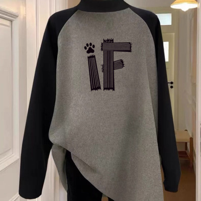 德绒遮屁股撞色长袖t恤女中长款2025秋冬新款宽松大码上衣打底衫