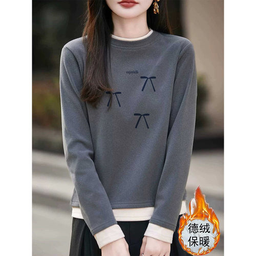 设计感正肩德绒磨毛假两件圆领长袖t恤女加厚款打底衫上衣春秋冬
