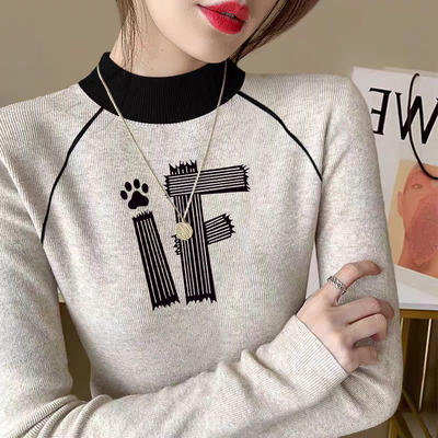 插肩t恤女秋冬半高领设计感宽松纯棉显瘦长袖上衣2025新款打底衫