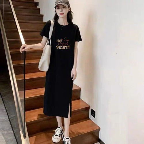 纯棉2026新款春夏开叉短袖连衣裙宽松韩版显瘦时尚中长款t恤上衣