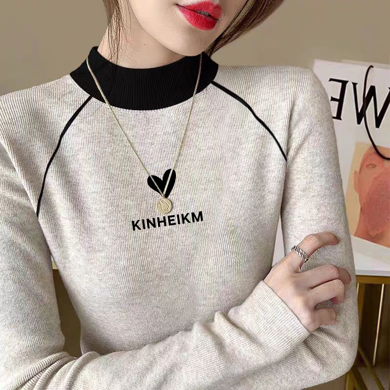 半高领2025秋冬新款撞色插肩打底衫米灰色纯棉长袖百搭T恤上衣女