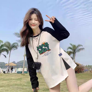 纯棉欧货宽松上衣2025秋冬中长款 T恤女 开叉别致漂亮小衫 插肩长袖