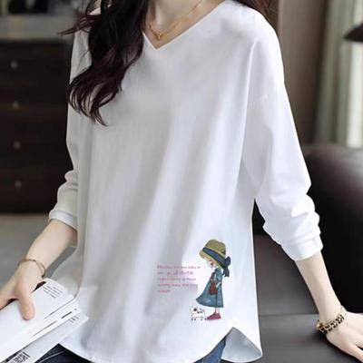 纯棉中长款长袖t恤女2025秋冬V领内搭打底衫弧形下摆遮屁股上衣潮
