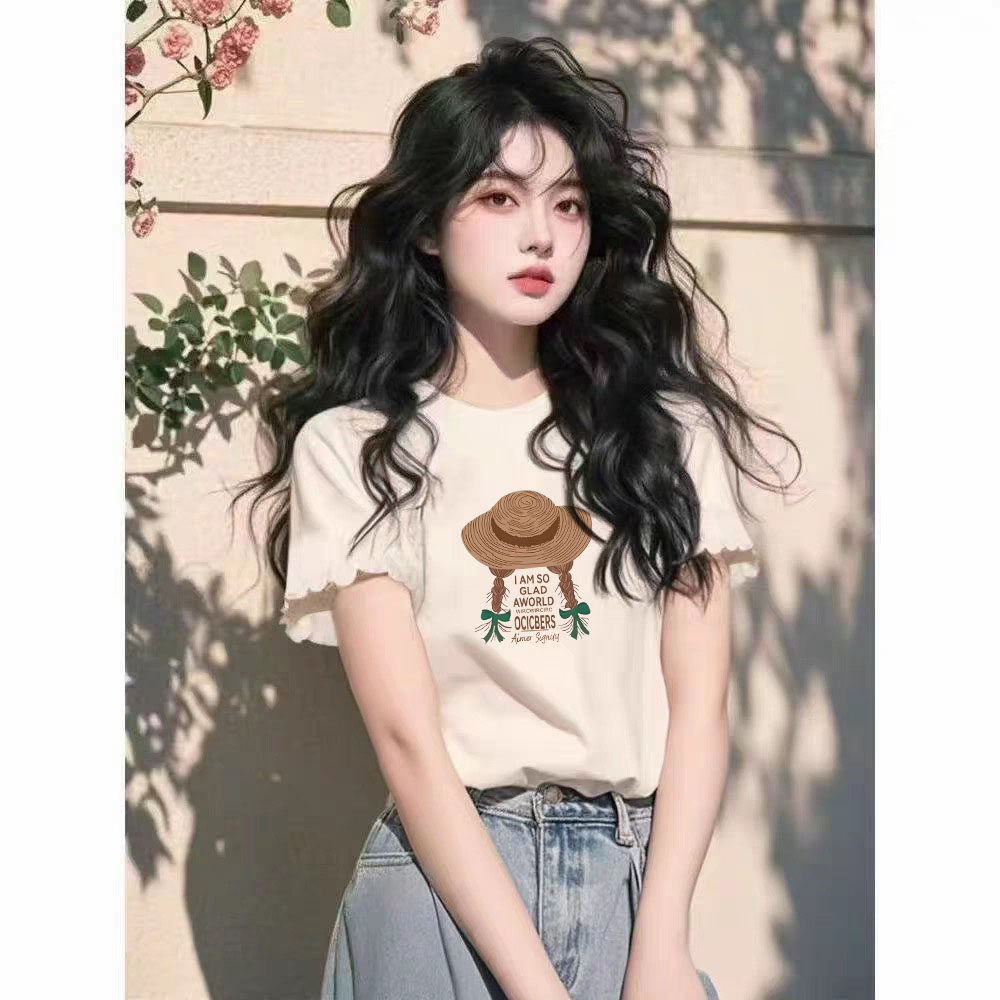 美式白色不规则短袖T恤女纯棉2026夏季新款多巴胺设计木耳边上衣