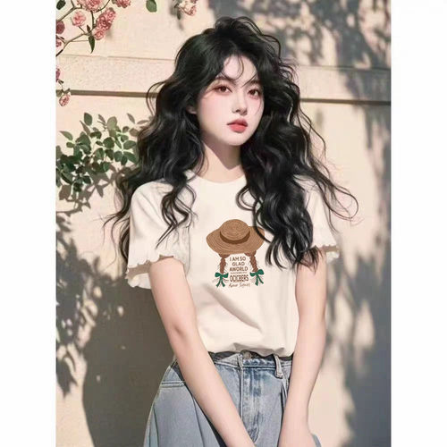 美式白色不规则短袖T恤女纯棉2026夏季新款多巴胺设计木耳边上衣