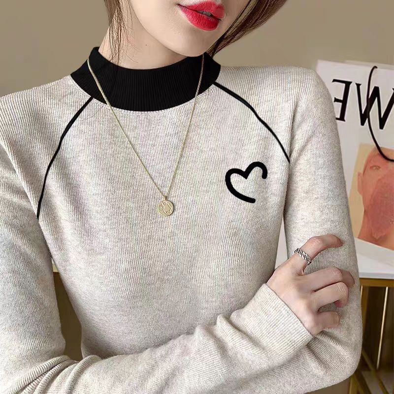 纯棉独特绝美撞色拼接打底衫女2025秋冬新款内搭半高领米灰色上衣