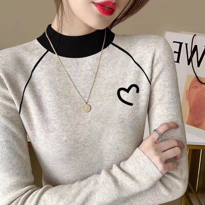 纯棉独特绝美撞色拼接打底衫女2025秋冬新款内搭半高领米灰色上衣