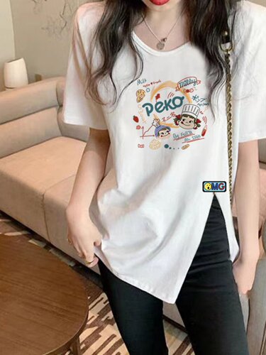 2026年女春夏百搭短袖t恤95%纯棉中长款宽松打底衫上衣设计侧开叉