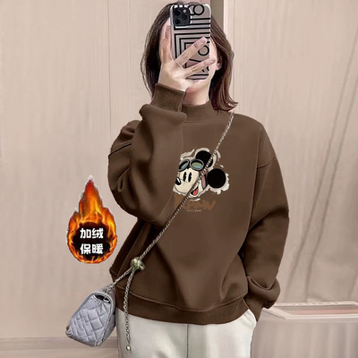 纯棉半高领卫衣女2025秋冬新款宽松休闲时尚百搭套头上衣加绒加厚