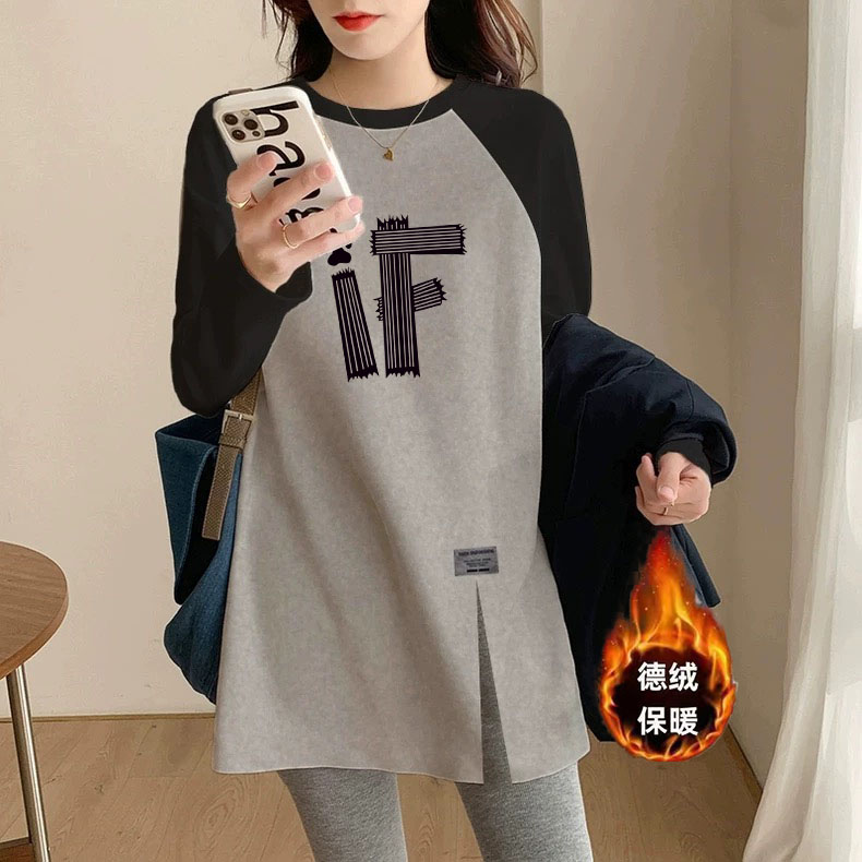 德绒设计感插肩拼色长袖t恤女2025秋冬中长款宽松休闲百搭上衣ins