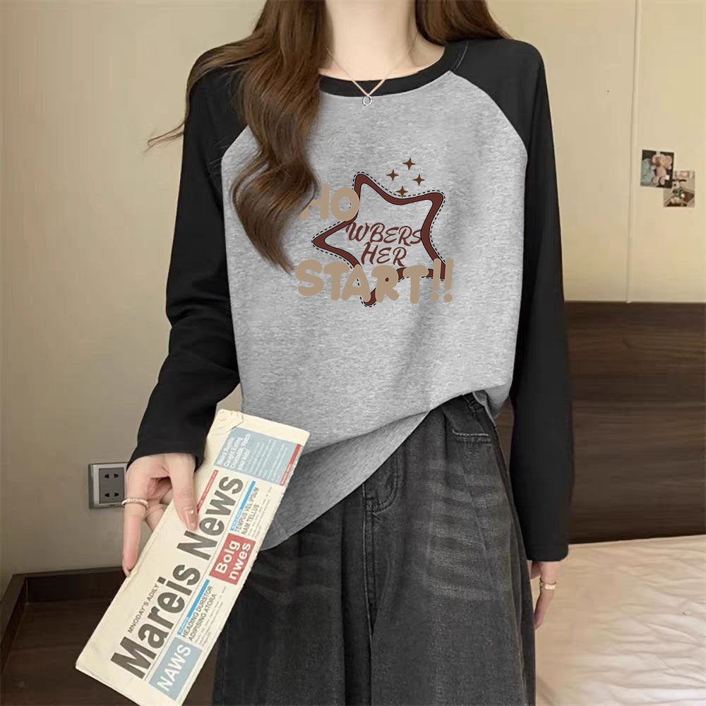 纯棉美式复古撞色插肩t恤上衣女2026春秋新款宽松显瘦长袖打底衫