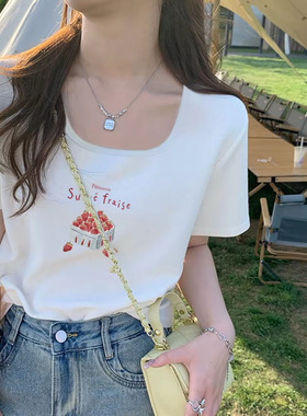 大码纯棉欧货白色方领短袖正肩T恤女夏季新款胖mm显瘦遮肚子上衣