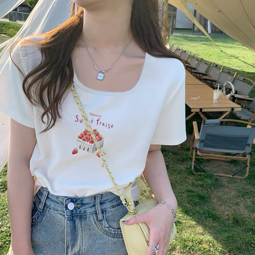 大码纯棉欧货白色方领短袖正肩T恤女夏季新款胖mm显瘦遮肚子上衣