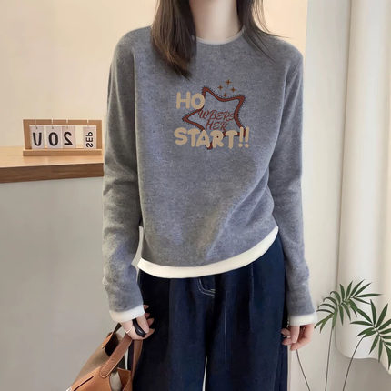 假两件德绒圆领长袖t恤女设计感时尚洋气上衣加厚打底衫春秋冬季